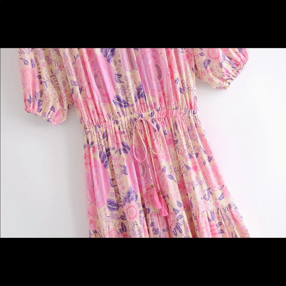 Pink boho gypsy midi dress floral print cream - Picture 6 of 7